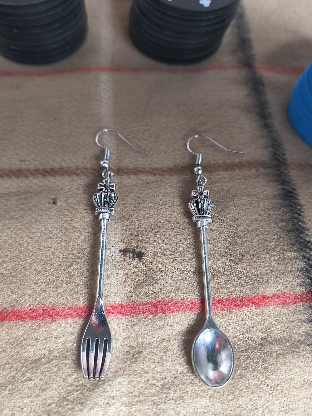 NWT Crown Spoon Fork Dangle Earrings Silver Tone King Queen Cutlery Foodie Jewel